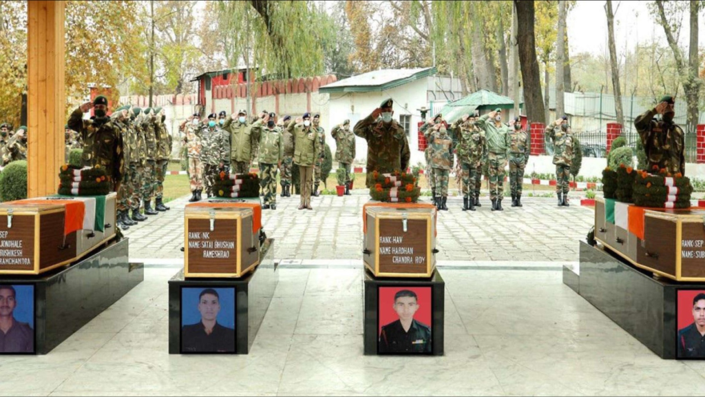 Jammu and Kashmir LG Manoj Sinha paid homage to the five army personnel who lost their lives in an explosion during an encounter with terrorists in the Rajouri district. Defense Minister Rajnath Singh also paid his respects to the martyrs.