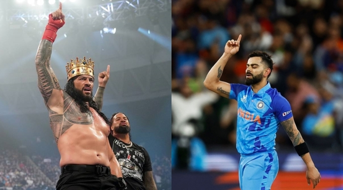 Virat Kohli pulling off Roman Reigns' |  WWE legend John Cena shares a picture of Indian cricket captain MS Dhoni's iconic 'You can't see me' gesture on Instagram moments before the Chennai Super Kings match against the Mumbai Indians. Find out more on Hindustan Herald.