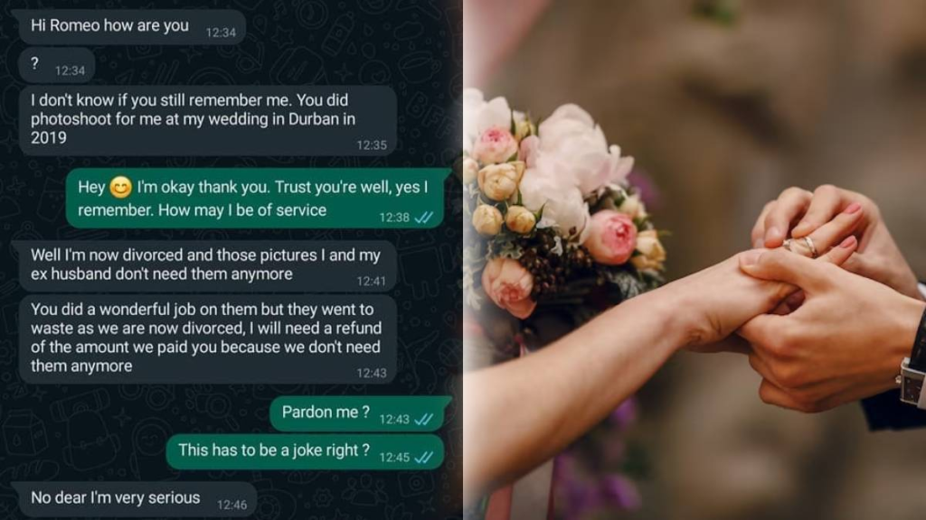A South African woman contacted her wedding photographer four years after her wedding to request a refund due to divorce. Initially believing the request was a prank, the photographer eventually turned down the unusual demand, leading to a viral WhatsApp conversation on Twitter.