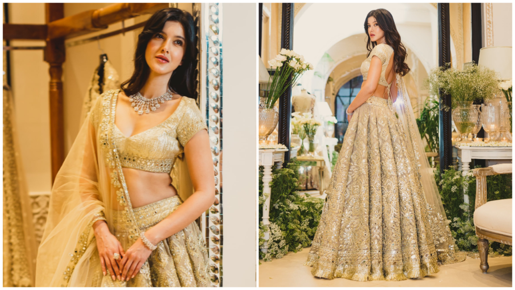 "Shanaya Kapoor, daughter of actor Sanjay Kapoor and jewellery designer Maheep Kapoor, has captured attention with her stunning looks and style. In her recent collaboration with designer Abhinav Mishra, Shanaya looked regal in a three-piece golden lehenga. The fusion ensemble combined traditional and modern elements, creating a captivating appearance. Watch the video and admire Shanaya Kapoor's elaborate lehenga and impeccable fashion sense."


