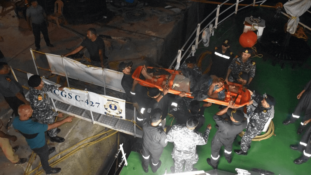 Indian Coast Guard carries out a daring mid-air evacuation of a Chinese national in cardiac arrest from a research vessel in the Arabian Sea, demonstrating their commitment to saving lives.
