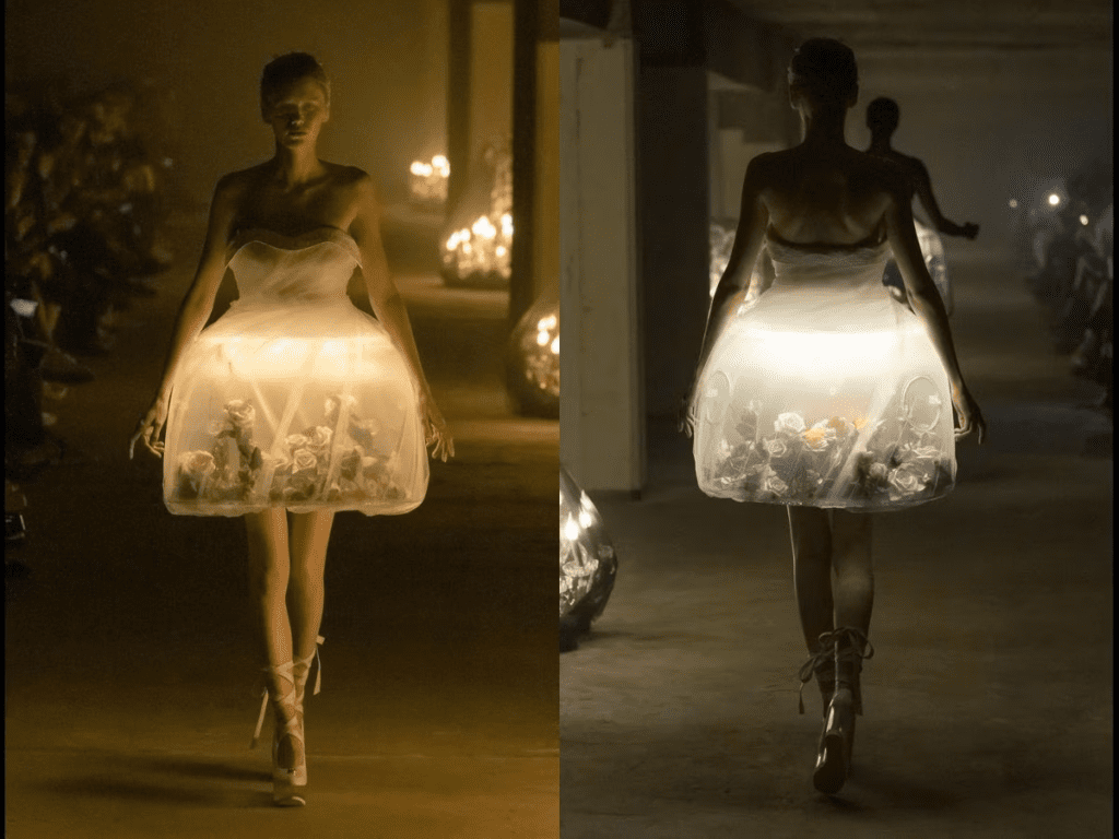 "Models grace the Paris Fashion Week runway in terrarium dresses with live butterflies, creating a surreal fashion phenomenon."
