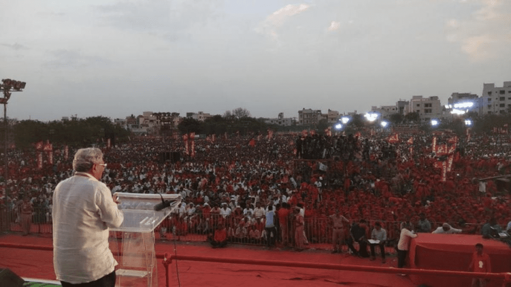 "Sitaram Yechury, CPI(M) General Secretary, raises alarm over the diminishing land of Palestine and condemns the ongoing Israel-Palestine hostilities."
