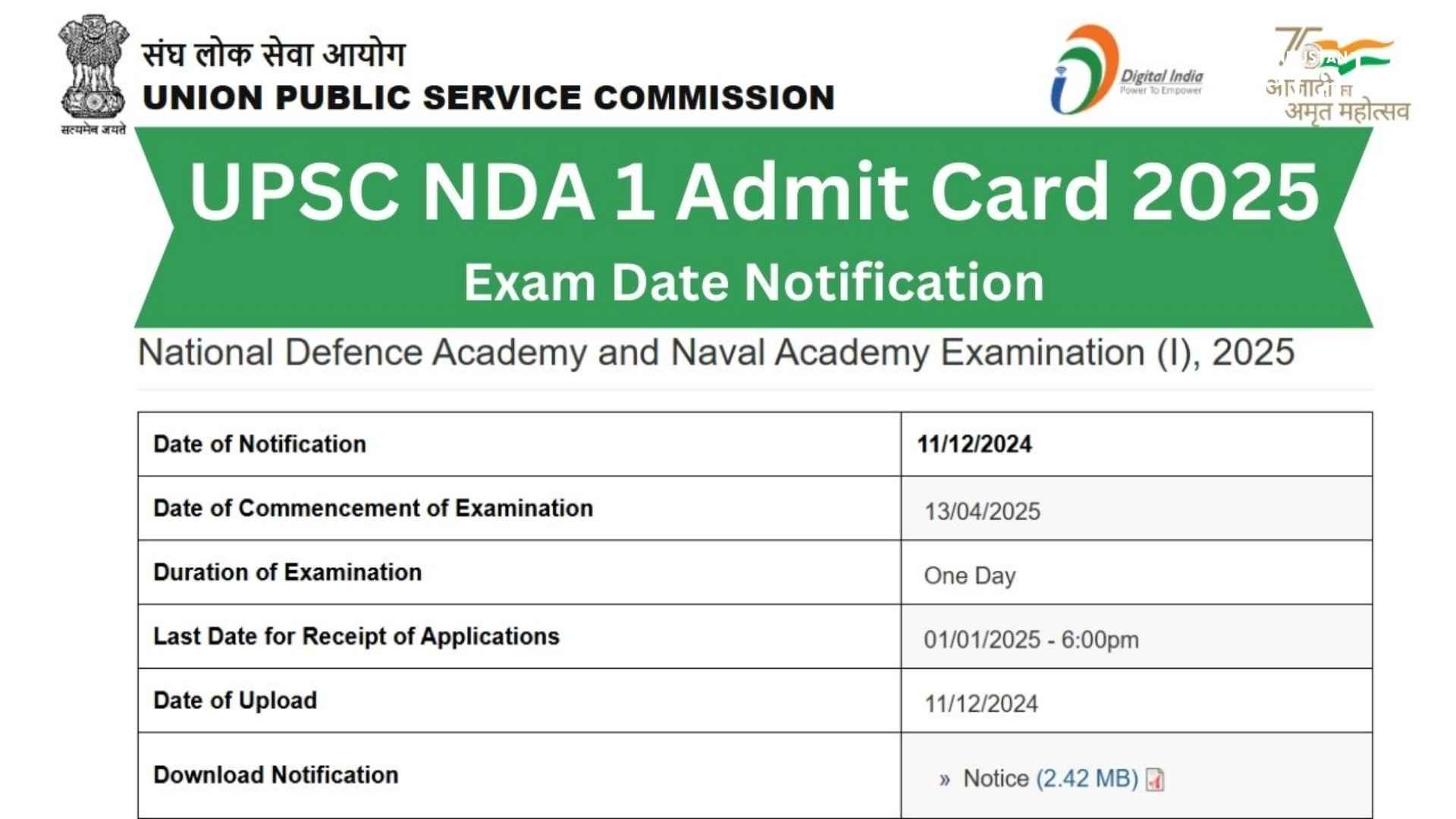 UPSC NDA Admit Card 2025 Live: Hall Ticket to Be Released Soon at upsc.gov.in, Exam on April 13